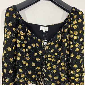 Lost‎ and Wander Women's Black Floral Lace-Up Long-Sleeve Blouse Crop Top Medium